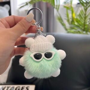 Mint Green Fluffy Pom Pom Keychain with Sunglasses